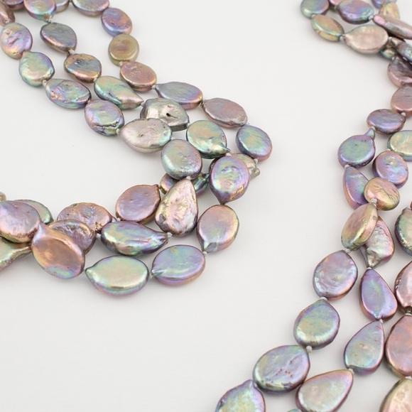 Vintage Coin Pearl Necklace Knotted Triple Strand Iridescent Purple 34” Long - Picture 4 of 6